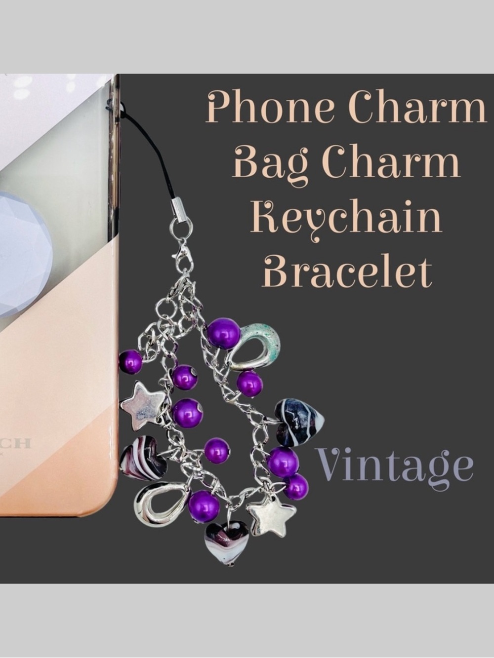 Vintage Hearts & Stars Bracelet, Phone/Bag Charm, Keychain, Key Fob, etc.